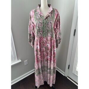 Sue Sartor Pink & Green Floral Flounce Maxi Dress Size XL EUC
